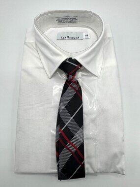Van Heusen Boys White Dress Shirt-16 Regular-Black Red Clip Tie Long Sleeve NEW